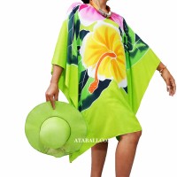 Poncho Top Dress Green Color Handpainted Balinese Flower Motif Made In Indonesia